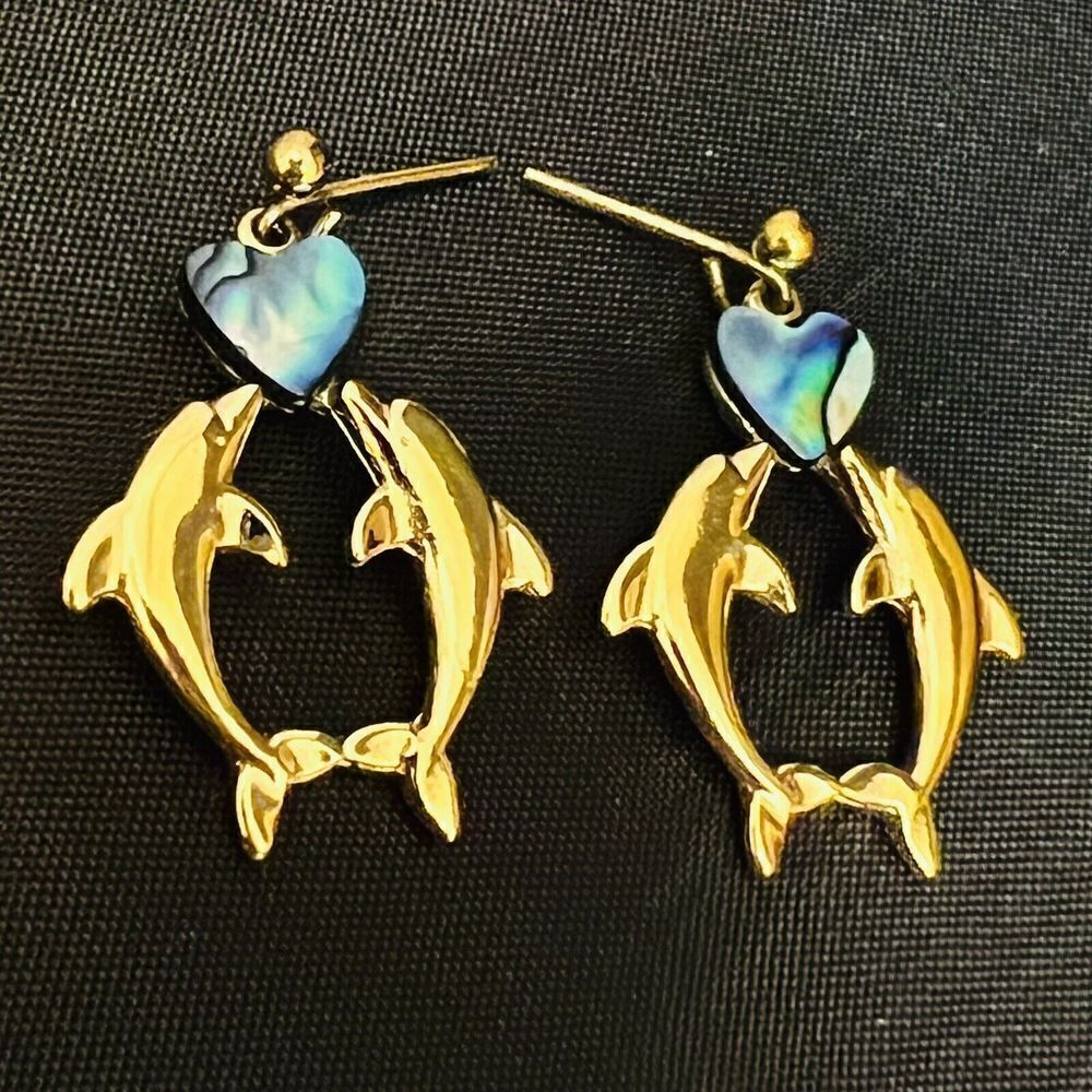 Vintage Weekenders Paua Shell Kissing Dolphins Heart Dangle Earrings Gold 1445